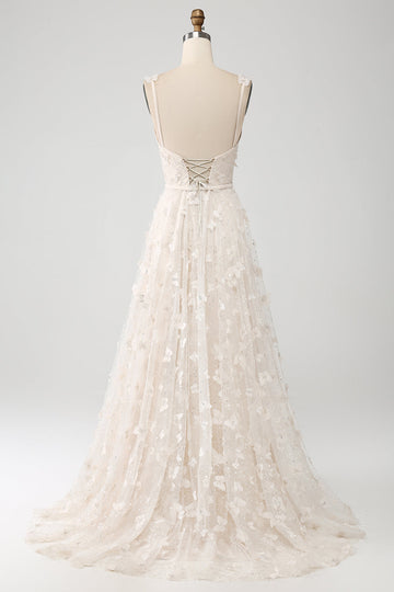 Vestido largo de tirantes de espagueti de la línea A de albaricoque con abertura